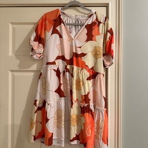 Floral V-Neck Dress in Orange and Cream